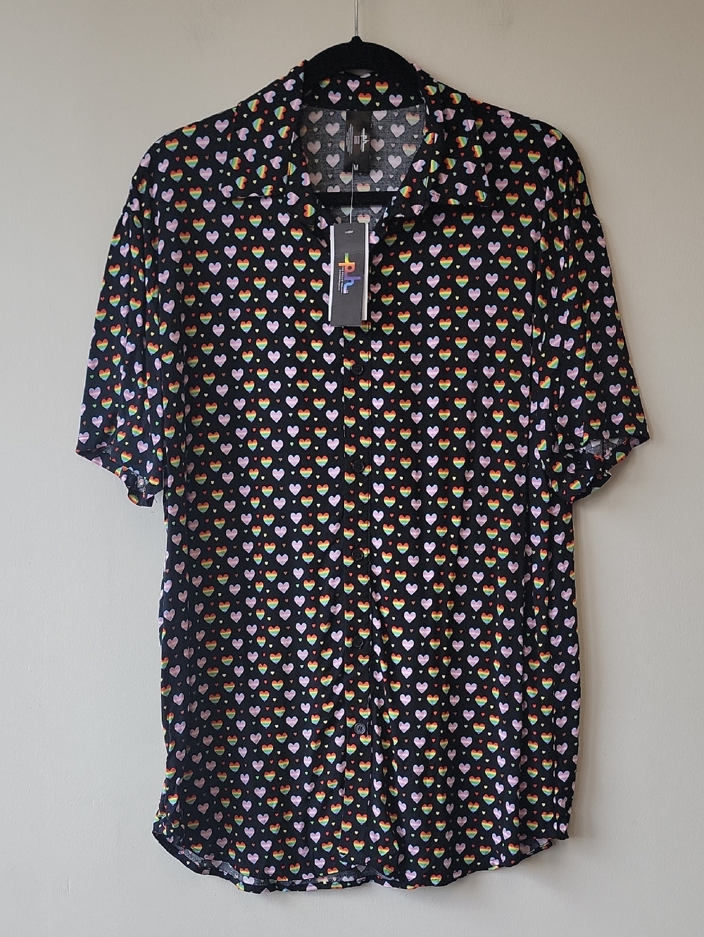 The Phluid Project Black Short-Sleeve Button-Down Shirt with Rainbow Heart Print
